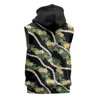 Hawaiian Pikake Maile Lei Sleeveless Zip Hoodie Tiare Hibiscus Kalo Palapalai Leaf Black