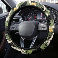 Hawaiian Pikake Maile Lei Steering Wheel Cover Tiare Hibiscus Kalo Palapalai Leaf Black