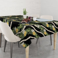 Hawaiian Pikake Maile Lei Tablecloth Tiare Hibiscus Kalo Palapalai Leaf Black