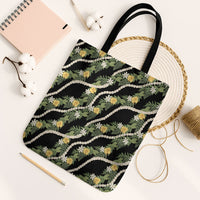 Hawaiian Pikake Maile Lei Tote Bag Tiare Hibiscus Kalo Palapalai Leaf Black