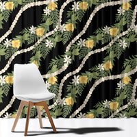 Hawaiian Pikake Maile Lei Window Curtain Tiare Hibiscus Kalo Palapalai Leaf Black