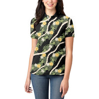 Hawaiian Pikake Maile Lei Women Polo Shirt Tiare Hibiscus Kalo Palapalai Leaf Black LT19 - Polynesian Pride
