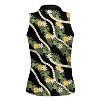 Hawaiian Pikake Maile Lei Women Sleeveless Polo Shirt Tiare Hibiscus Kalo Palapalai Leaf Black LT19 - Polynesian Pride