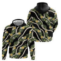 Hawaiian Pikake Maile Lei Zip Hoodie Tiare Hibiscus Kalo Palapalai Leaf Black