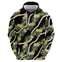 Hawaiian Pikake Maile Lei Zip Hoodie Tiare Hibiscus Kalo Palapalai Leaf Black