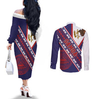 American Samoa Flag Day Couples Matching Off The Shoulder Long Sleeve Dress and Long Sleeve Button Shirt Polynesian Tribal Tattoo Eagle Art