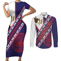 American Samoa Flag Day Couples Matching Short Sleeve Bodycon Dress and Long Sleeve Button Shirt Polynesian Tribal Tattoo Eagle Art