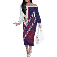 American Samoa Flag Day Family Matching Off The Shoulder Long Sleeve Dress and Hawaiian Shirt Polynesian Tribal Tattoo Eagle Art LT19 Mom's Dress Navy - Polynesian Pride