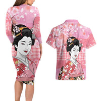 Japanese Geisha Cherry Blossom Couples Matching Long Sleeve Bodycon Dress and Hawaiian Shirt Pink Palaka Hawaii Pattern Fusion Design LT19 - Polynesian Pride