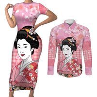 Japanese Geisha Cherry Blossom Couples Matching Short Sleeve Bodycon Dress and Long Sleeve Button Shirt Pink Palaka Hawaii Pattern Fusion Design
