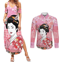 Japanese Geisha Cherry Blossom Couples Matching Summer Maxi Dress and Long Sleeve Button Shirt Pink Palaka Hawaii Pattern Fusion Design