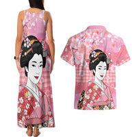 Japanese Geisha Cherry Blossom Couples Matching Tank Maxi Dress and Hawaiian Shirt Pink Palaka Hawaii Pattern Fusion Design LT19 - Polynesian Pride