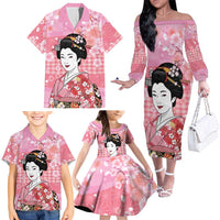 Japanese Geisha Cherry Blossom Family Matching Off The Shoulder Long Sleeve Dress and Hawaiian Shirt Pink Palaka Hawaii Pattern Fusion Design LT19 - Polynesian Pride