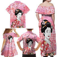 Japanese Geisha Cherry Blossom Family Matching Off Shoulder Maxi Dress and Hawaiian Shirt Pink Palaka Hawaii Pattern Fusion Design LT19 - Polynesian Pride