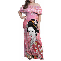 Japanese Geisha Cherry Blossom Family Matching Off Shoulder Maxi Dress and Hawaiian Shirt Pink Palaka Hawaii Pattern Fusion Design LT19 Mom's Dress Pink - Polynesian Pride
