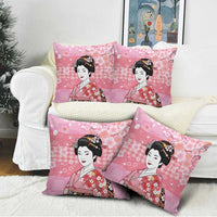 Japanese Geisha Cherry Blossom Pillow Cover Pink Palaka Hawaii Pattern Fusion Design