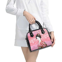 Japanese Geisha Cherry Blossom Shoulder Handbag Pink Palaka Hawaii Pattern Fusion Design