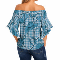 Blue Hawaii Palaka Cowboy Off Shoulder Wrap Waist Top Hawaiian Paniolo Festival Spirit LT19 - Polynesian Pride