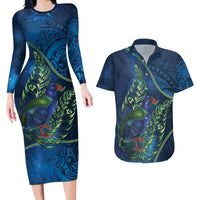 New Zealand Takahe Personalised Couples Matching Long Sleeve Bodycon Dress and Hawaiian Shirt Silver Fern Galaxy Polynesian Pattern LT22 Blue - Polynesian Pride