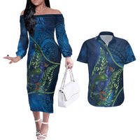 New Zealand Takahe Personalised Couples Matching Off The Shoulder Long Sleeve Dress and Hawaiian Shirt Silver Fern Galaxy Polynesian Pattern LT22 Blue - Polynesian Pride