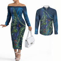 New Zealand Takahe Personalised Couples Matching Off The Shoulder Long Sleeve Dress and Long Sleeve Button Shirt Silver Fern Galaxy Polynesian Pattern LT22 Blue - Polynesian Pride