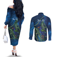 New Zealand Takahe Personalised Couples Matching Off The Shoulder Long Sleeve Dress and Long Sleeve Button Shirt Silver Fern Galaxy Polynesian Pattern LT22 - Polynesian Pride