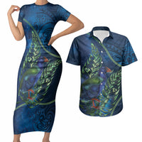 New Zealand Takahe Personalised Couples Matching Short Sleeve Bodycon Dress and Hawaiian Shirt Silver Fern Galaxy Polynesian Pattern LT22 Blue - Polynesian Pride