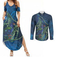 New Zealand Takahe Personalised Couples Matching Summer Maxi Dress and Long Sleeve Button Shirt Silver Fern Galaxy Polynesian Pattern LT22 Blue - Polynesian Pride