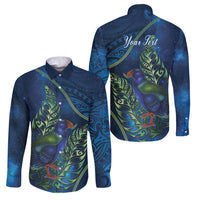 New Zealand Takahe Personalised Family Matching Puletasi and Hawaiian Shirt Silver Fern Galaxy Polynesian Pattern LT22 Dad's Shirt - Long Sleeve Blue - Polynesian Pride
