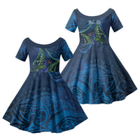 New Zealand Takahe Personalised Family Matching Puletasi and Hawaiian Shirt Silver Fern Galaxy Polynesian Pattern LT22 Daughter's Dress Blue - Polynesian Pride