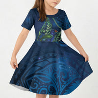 New Zealand Takahe Personalised Kid Short Sleeve Dress Silver Fern Galaxy Polynesian Pattern LT22 KID Blue - Polynesian Pride