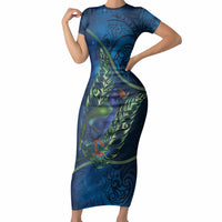 New Zealand Takahe Personalised Short Sleeve Bodycon Dress Silver Fern Galaxy Polynesian Pattern LT22 Long Dress Blue - Polynesian Pride
