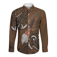 New Zealand Taiaha Long Sleeve Button Shirt Maori Weapon Silver Fern Maori Pattern LT22 Unisex Brown - Polynesian Pride