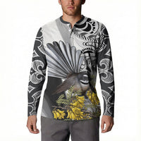 New Zealand Fantail Bird Button Sweatshirt Maori Piwakawaka Kowhai Maori Pattern