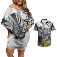 New Zealand Fantail Bird Couples Matching Off Shoulder Short Dress and Hawaiian Shirt Maori Piwakawaka Kowhai Maori Pattern