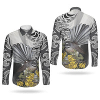 New Zealand Fantail Bird Couples Matching Off Shoulder Short Dress and Long Sleeve Button Shirt Maori Piwakawaka Kowhai Maori Pattern