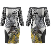 New Zealand Fantail Bird Couples Matching Off The Shoulder Long Sleeve Dress and Long Sleeve Button Shirt Maori Piwakawaka Kowhai Maori Pattern