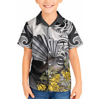 New Zealand Fantail Bird Kid Hawaiian Shirt Maori Piwakawaka Kowhai Maori Pattern LT22 Kid Grey - Polynesian Pride