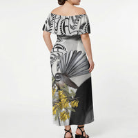 New Zealand Fantail Bird Off Shoulder Maxi Dress Maori Piwakawaka Kowhai Maori Pattern LT22 - Polynesian Pride