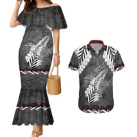 New Zealand Weka Personalised Couples Matching Mermaid Dress and Hawaiian Shirt Aotearoa Hen Silver Fern Maori Pattern LT22 Black - Polynesian Pride