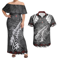 New Zealand Weka Personalised Couples Matching Off Shoulder Maxi Dress and Hawaiian Shirt Aotearoa Hen Silver Fern Maori Pattern LT22 Black - Polynesian Pride