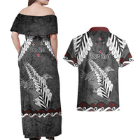New Zealand Weka Personalised Couples Matching Off Shoulder Maxi Dress and Hawaiian Shirt Aotearoa Hen Silver Fern Maori Pattern LT22 - Polynesian Pride