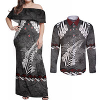 New Zealand Weka Personalised Couples Matching Off Shoulder Maxi Dress and Long Sleeve Button Shirt Aotearoa Hen Silver Fern Maori Pattern LT22 Black - Polynesian Pride