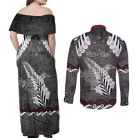 New Zealand Weka Personalised Couples Matching Off Shoulder Maxi Dress and Long Sleeve Button Shirt Aotearoa Hen Silver Fern Maori Pattern LT22 - Polynesian Pride