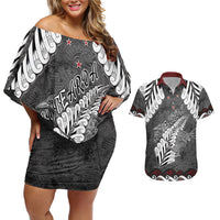 New Zealand Weka Personalised Couples Matching Off Shoulder Short Dress and Hawaiian Shirt Aotearoa Hen Silver Fern Maori Pattern LT22 Black - Polynesian Pride