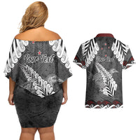 New Zealand Weka Personalised Couples Matching Off Shoulder Short Dress and Hawaiian Shirt Aotearoa Hen Silver Fern Maori Pattern LT22 - Polynesian Pride