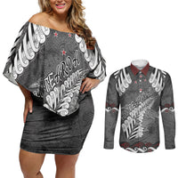 New Zealand Weka Personalised Couples Matching Off Shoulder Short Dress and Long Sleeve Button Shirt Aotearoa Hen Silver Fern Maori Pattern LT22 Black - Polynesian Pride
