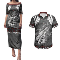 New Zealand Weka Personalised Couples Matching Puletasi and Hawaiian Shirt Aotearoa Hen Silver Fern Maori Pattern LT22 Black - Polynesian Pride