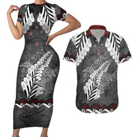 New Zealand Weka Personalised Couples Matching Short Sleeve Bodycon Dress and Hawaiian Shirt Aotearoa Hen Silver Fern Maori Pattern LT22 Black - Polynesian Pride