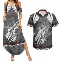 New Zealand Weka Personalised Couples Matching Summer Maxi Dress and Hawaiian Shirt Aotearoa Hen Silver Fern Maori Pattern LT22 Black - Polynesian Pride